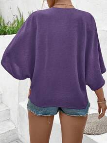Ceyna Women's Plus Size Elegant Solid Color Textured Jacquard Fabric V-Neck Cap Sleeve Button Decor Beach Vacation Shirt 2025 Spring/Summer New Versatile - Purple - View 2