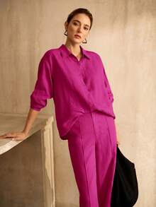 MOTF PREMIUM WOMEN'S LINEN COMFORTABLE LONG SLEEVE LOOSE SHIRT - Purple - View 4
