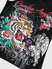 ROMWE MEN Goth 男士夏季老虎印花圓領套頭無袖背心上衣 - 黑色 - 查看 4