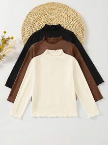 SHEIN Young Girl Matching Casual Minimalist Comfortable High Neck 3-Piece Long Sleeve T-Shirt Set - Multicolor - View 3