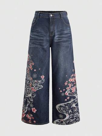 J-Fashion Jeans in denim vintage streetwear stile cinese con ricamo tigre & floreale, gamba ampia e morbida, unisex taglie forti