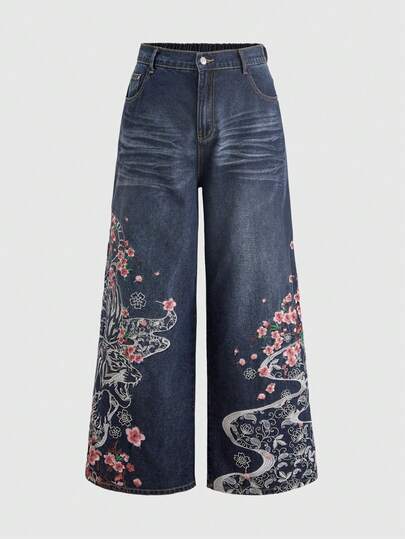 J-Fashion Jeans de Mezclilla Vintage Estilo Callejero Chino con Bordado de Tigre & Flores, Pierna Ancha Holgada, Unisex Talla Grande