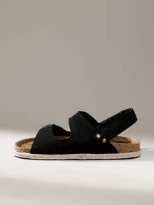 Solecia Sandalias de mujer primavera y verano nuevas con diseño de doble hebilla, punta abierta, suela plana, cómodas y ligeras, fáciles de poner, con borde tejido, color negro, estilo casual para vacaciones y playa - Negro - Ver 3