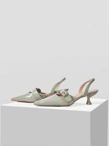 Mnmlis Patent Leather Pointed Toe Slingback Kitten Heel Sandals, French Commuter Temperament Shoes - Green - View 2