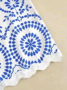 Florisole Women's Elegant Vacation Bohemian Blue Floral Print Wavy Ruffle Trim White Shirt - Multicolor - View 3