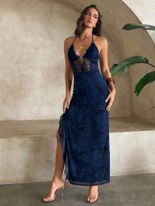 Aloruh Women's Spring/Summer Vacation Butterfly Net Mesh Printed Halter Lace Patchwork Super Long Slit Ruffle Hem Dress Night Out Navy Sexy - Navy Blue - View 5