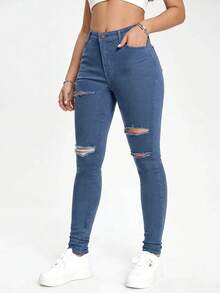 SHEIN EZwear Aqua Blue Slant Pocket Ripped Skinny Jeans Everyday Going Out Summer Casual Streetwear - Blue - View 5