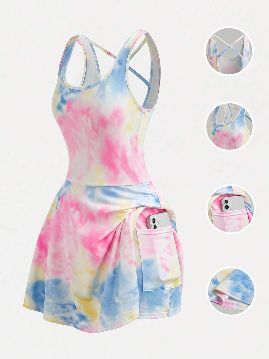 SHEIN Girlism 青少年女孩露背紮染印花瑜伽洋裝褲 防走光舞蹈服 健身運動網球套裝 肩帶鏤空背部設計 適合瑜伽、網球、高爾夫戶外運動 - 彩色 - 查看 1