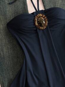 SHEIN Unity 夏季復古辣妹極簡性感細肩帶綁帶破洞碎花綴珠拼接不對稱吊帶背心上衣 - 藏蓝色 - 查看 6