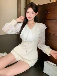 DAZY Spring Summer Elegant Ruffle Lantern Sleeve Design Unique Minimalist Women's Romper - Apricot - View 10