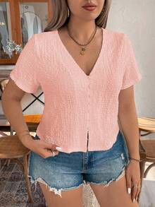 SHEIN LUNE Plus Size Summer Casual Solid Color Short Sleeve Shirt - Baby Pink - View 3