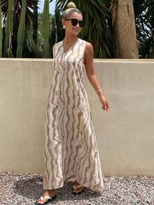 DAZY Floral Tie-Dye Spaghetti Strap Backless Dress, Elegant Vacation Summer Long Dress For Women - Khaki - View 4