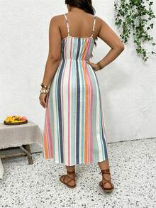 SHEIN Frenchy Plus Size Women's Striped Drawstring Bust Tie Cinched Waist Side Slit Hem Cami Dress - Multicolor - View 2