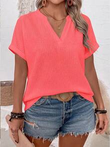 EMERY ROSE Fashion Casual Basic Waffle Fabric V-Neckline Rolled Cuff Design Plus Size T-Shirt - Red - View 1