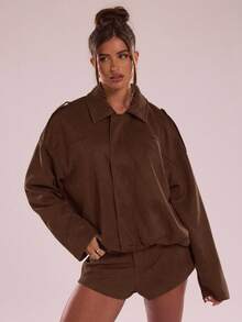 SHEIN BAE Women's Brown Striped Jacket For Autumn And Winter, Suitable For Casual Commuting And Street Style. This Autumn Jacket Is A Brown Striped Coat, A Casu - Brown - View 4