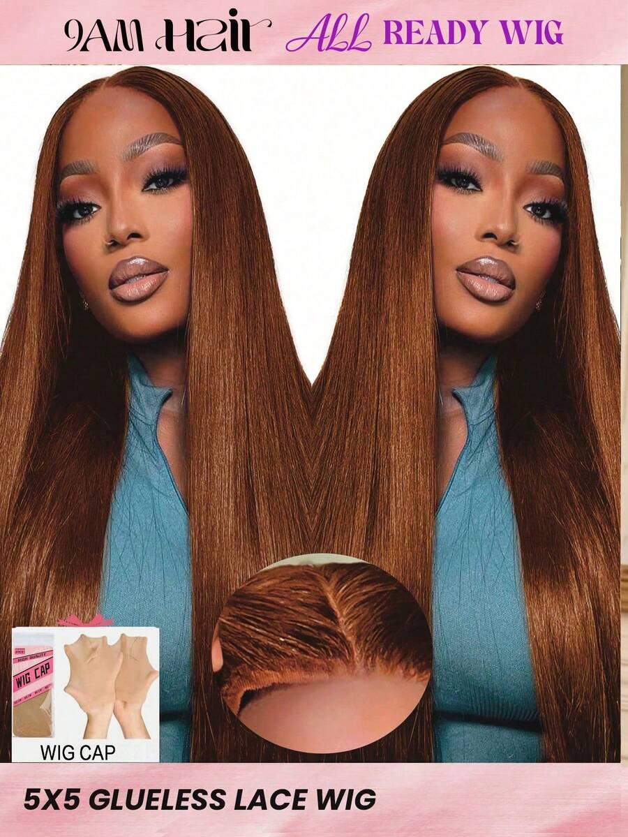 ALL READY WIG Peluca con cierre de encaje sin pegamento de cabello humano 100%, pre decolorada, pre depilada, pre cortada, encaje derretido 5x5, cabello liso #4 castaño, 9AM HAIR - S4 - Ver 1
