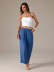 SHEIN Tall Women's Solid Color Minimalist Casual Elastic Waist Loose Long Pants Suitable For Daily Wear, Tall Women Vacation Blue Autumn - Blue - View 3