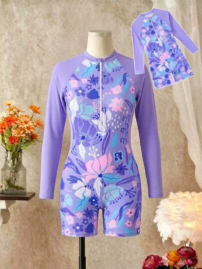 SHEIN Tween Girl Cute Beach Purple Tropical Floral Long Sleeve Zip-Up Jumpsuit,Summer Holiday Kids Rash Guard Swimsuit UV Protection Modest Swimming Wear