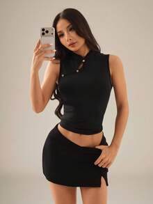 SHEIN PETITE 女士复古中国风旗袍领背心，黑色上衣，休闲套头衫，适合度假、休闲、优雅的女士上衣，日常通勤休闲上衣。黑色无袖高领上衣，黑色夏季上衣 - 黑色 - 查看 8