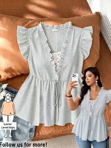 Weeklong Plus Size Plaid Ruffle V-Neck Contrast Lace Trim 2 In 1 Blouse, Brown, Summer, Elegant, Tea Party Gym Drawstring Waist Loose Flowy Countryside Top - Black and White - View 4