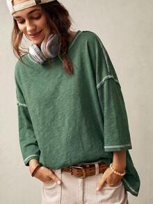 Bohemela Casual Solid Color Knit Round Neck 3/4 Sleeve Loose Washed T-Shirt Holiday Forest Green Autumn - Dark Green - View 6
