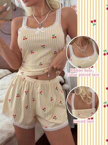 CottageSlumber Damen Gelb & Weiß Gestreift Kirsche Fein Gerippt Seide Spitze Camisole & Kurzarm Pyjama Set, Sexy Stil - Gelb - Übersicht 2