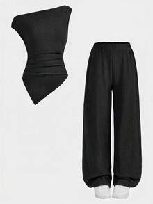 SHEIN Conjunto de 2 peças para meninas pré-adolescentes, cor café, casual, com blusa de malha justa sem mangas e franzidos nos ombros, ideal para usar em casa, ao ar livre, em viagens, no dia a dia e na escola. Perfeito para usar em casa, ao ar livre, em viagens, no dia a dia e na escola. - Preto - Ver 5