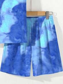 Tween Boy Casual Simple Fashion Versatile Tie-Dye Vacation Style Beach Leisure Sporty Loose Soft Comfortable Tank Top & Shorts 2pcs Set Suitable For Spring And Summer - White - View 5