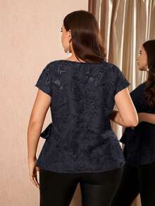 Reflora Plus Size Women's Jacquard Round Neck Batwing Short Sleeve Side Waist Knot Shirt - Navy Blue - View 3