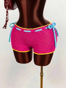 Amplova 2026 New Dopamine Color Vacation Women's Knit Mini Shorts - Hot Pink - View 7