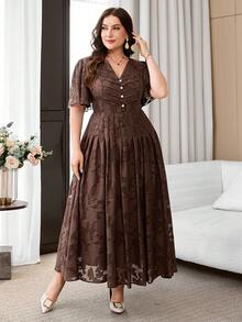SHEIN Clasi Plus Size Summer Elegant Solid Color Cutout Dress - Coffee Brown - View 4