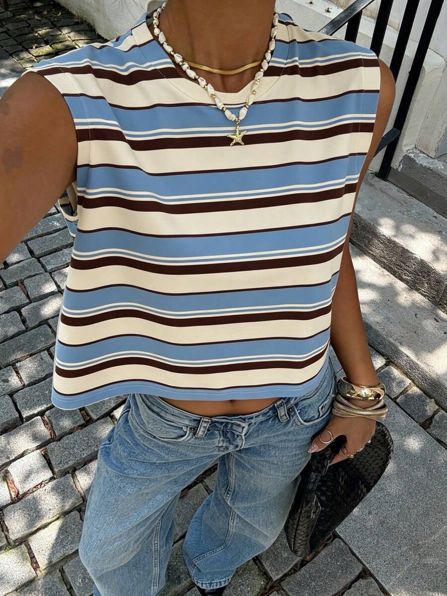 Siren Gaze Áo tank top không tay kẻ sọc bất đối xứng màu xanh phong cách tối giản thường ngày, phong cách streetwear đa năng, áo mùa hè
