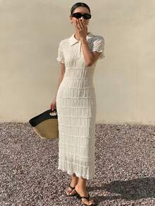 DAZY Summer Women's Elegant Style Lapel Contrast Color Striped Sweater Dress - White - View 4