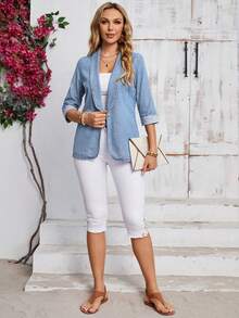 EMERY ROSE Plus Size Women's Lapel Short Sleeve Button Casual Denim Jacket - Blue - View 6
