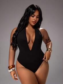 Rustia Black Knit High Elasticity Deep V Neck Halter Backless Fitted Bodysuit Women's Summer Minimalist Casual Versatile Date Night - Black - View 5