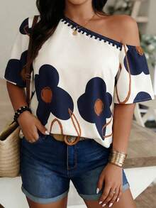 Louniche Off-Shoulder Floral Print Top, Beige & Navy Color Block Casual Blouse For Daily & Vacation - Multicolor - View 6