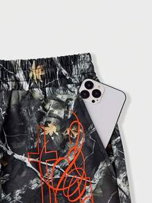 SWAVVY Men's All-Over Print Drawstring Waist Casual Versatile Daily Outing Shorts - Green - View 5