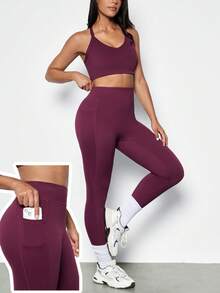 Levarali Plus Size Women Solid Color Cropped Camisole And Leggings Sports Suit Gym Sports Dark Purple Summer - Burgundy - View 4