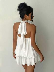 Vestido mini elegante de mujer con cuello halter y lazo en color amarillo claro - Gris - Ver 2