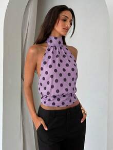 Aloruh Women's Elegant Sexy Round Neck Tie-Up Halter Purple Polka Dot Print Top Night Out Summer - Lilac Purple - View 4