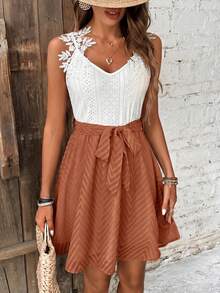 SHEIN Frenchy Women's Applique Decor Colorblock Sleeveless Vacation Dress - Orange - View 4