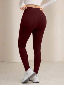 Modelyn Women's Waist Button Design Versatile Casual Comfortable Leggings - Burgundy - View 2