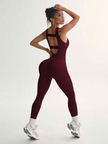 Slayform Slayform Seamless Solid Color Minimalist Versatile Athletic Tight Jumpsuit - Burgundy - View 2