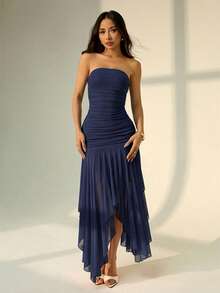 SHEIN PETITE Women's Asymmetrical Hem Ruffle Strapless Dress, Suitable For Dates And Wedding Season,Summer Dresses For Women - Navy Blue - View 8