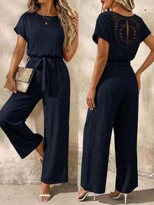 SHEIN Clasi Plus Size Elegant Round Neck Waist-Tie Wide Leg Jumpsuit - Navy Blue - View 1