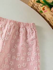 Genkimix Kids 2pcs/Set Young Girls Textured Tee With 3D Floral Decor Casual Long Pants, Suitable For And Outings Summer Sets Girl's(Small)T-Shirt Set Birthday - Pink - View 3