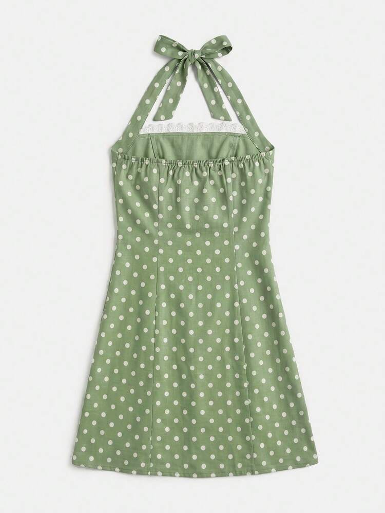 Green Polkadot Mini Dress Loose Fit Halter Neck Summer Summer Holiday Casual Vintage Chic Dress