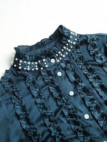 Modelyn Elegant Solid Color Ruffle Collar Long Sleeve Fitted Regular Fit Plus Size Blouse For Spring And Autumn Fall - Blue - View 8