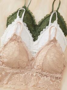 SHEIN 3pcs/Set Spaghetti Strap Wire-Free Lace Bralette - Multicolor - View 3