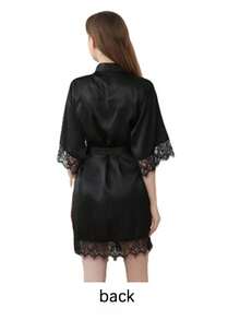 Solid Color Short Sleeve Bathrobe, Lightweight Home Robe, Stylish Bridal Getting Ready Gown For Wedding & Bachelorette Party - Black - View 5